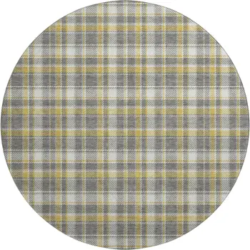 8' Gray Gold And Ivory Plaid Washable Round Rug With UV Protection