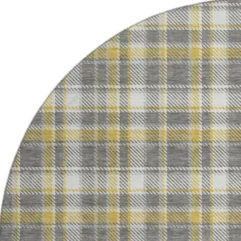 8' Gray Gold And Ivory Plaid Washable Round Rug With UV Protection