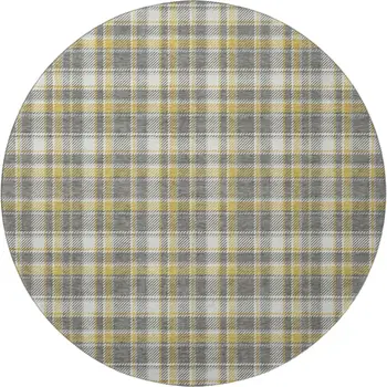 8' Gray Gold And Ivory Plaid Washable Round Rug With UV Protection