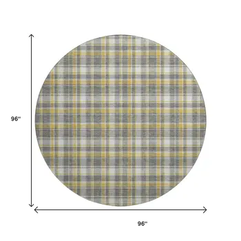 8' Gray Gold And Ivory Plaid Washable Round Rug With UV Protection