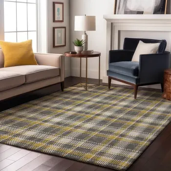 8' X 10' Gray Gold And Ivory Plaid Washable Area Rug With UV Protection