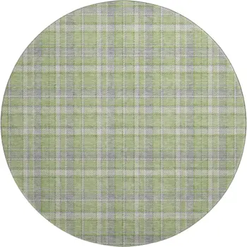 8' Green And Gray Plaid Washable Round Rug With UV Protection