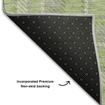 8' Green And Gray Plaid Washable Round Rug With UV Protection