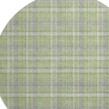 8' Green And Gray Plaid Washable Round Rug With UV Protection