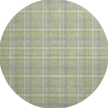 8' Green And Gray Plaid Washable Round Rug With UV Protection