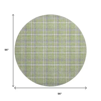 8' Green And Gray Plaid Washable Round Rug With UV Protection
