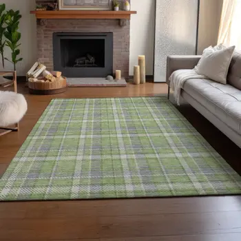 8' X 10' Green And Gray Plaid Washable Area Rug With UV Protection