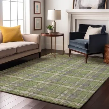 10' X 14' Green And Gray Plaid Washable Area Rug With UV Protection