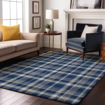 5' X 8' Navy Blue And Ivory Plaid Washable Area Rug With UV Protection