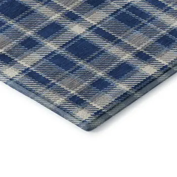 5' X 8' Navy Blue And Ivory Plaid Washable Area Rug With UV Protection