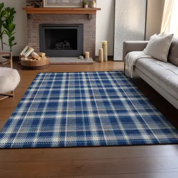 5' X 8' Navy Blue And Ivory Plaid Washable Area Rug With UV Protection