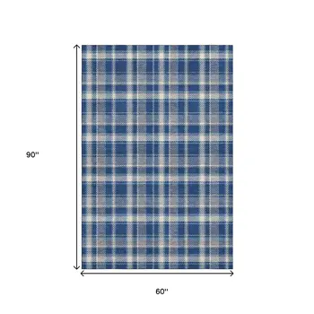 5' X 8' Navy Blue And Ivory Plaid Washable Area Rug With UV Protection