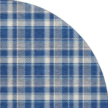 8' Navy Blue And Ivory Plaid Washable Round Rug With UV Protection