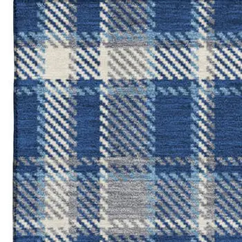 10' X 14' Navy Blue And Ivory Plaid Washable Area Rug With UV Protection