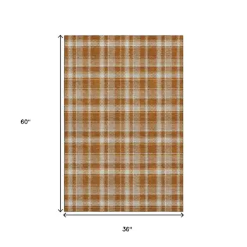 3' X 5' Rust And Ivory Plaid Washable Area Rug With UV Protection