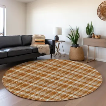 8' Rust And Ivory Plaid Washable Round Rug With UV Protection