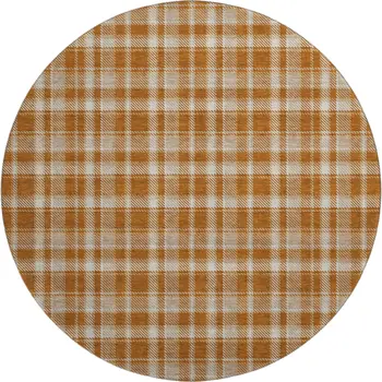 8' Rust And Ivory Plaid Washable Round Rug With UV Protection