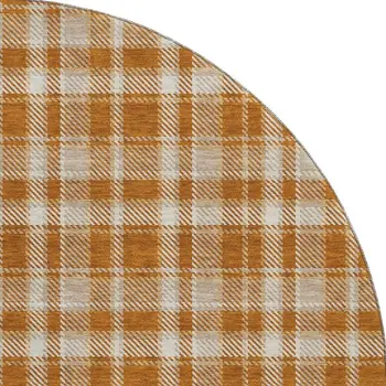 8' Rust And Ivory Plaid Washable Round Rug With UV Protection