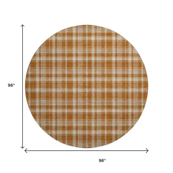 8' Rust And Ivory Plaid Washable Round Rug With UV Protection