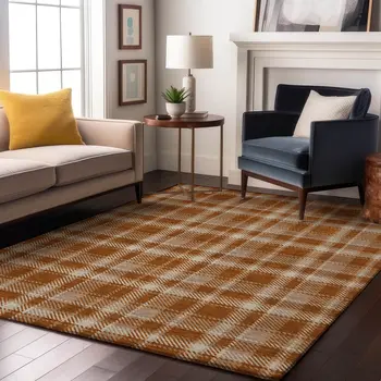 8' X 10' Rust And Ivory Plaid Washable Area Rug With UV Protection
