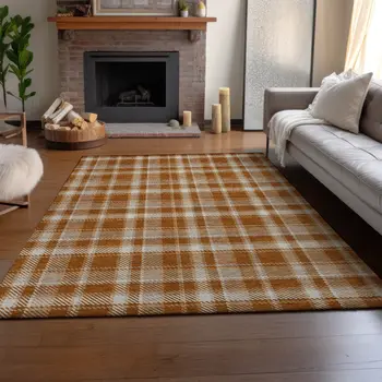 9' X 12' Rust And Ivory Plaid Washable Area Rug With UV Protection