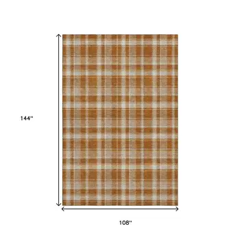9' X 12' Rust And Ivory Plaid Washable Area Rug With UV Protection