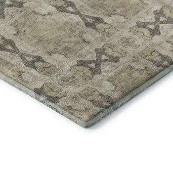 8' Beige Gray And Ivory Floral Medallion Washable Round Rug With UV Protection