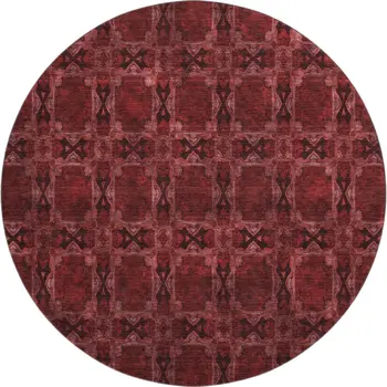 8' Burgundy Red And Gray Floral Medallion Washable Round Rug With UV Protection