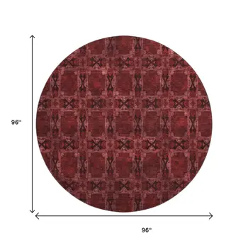 8' Burgundy Red And Gray Floral Medallion Washable Round Rug With UV Protection
