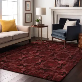 10' X 14' Burgundy Red And Gray Floral Medallion Washable Area Rug With UV Protection