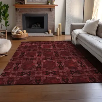 10' X 14' Burgundy Red And Gray Floral Medallion Washable Area Rug With UV Protection