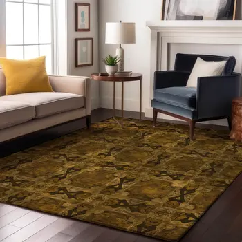 3' X 5' Chocolate And Gold Floral Medallion Washable Area Rug With UV Protection