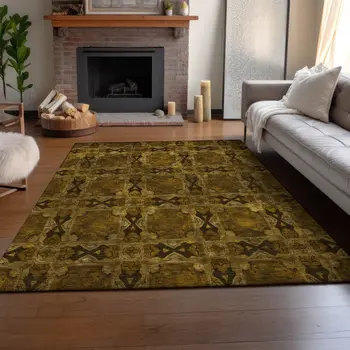 3' X 5' Chocolate And Gold Floral Medallion Washable Area Rug With UV Protection