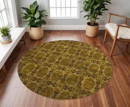 8' Chocolate And Gold Floral Medallion Washable Round Rug With UV Protection