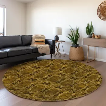 8' Chocolate And Gold Floral Medallion Washable Round Rug With UV Protection