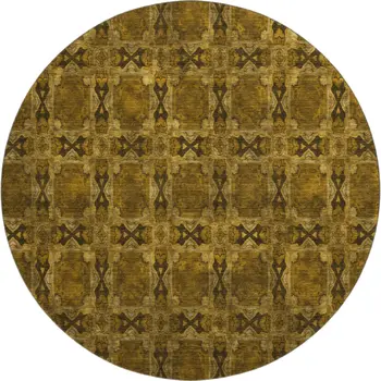 8' Chocolate And Gold Floral Medallion Washable Round Rug With UV Protection