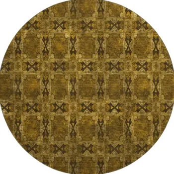 8' Chocolate And Gold Floral Medallion Washable Round Rug With UV Protection