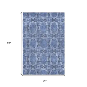 3' X 5' Denim Blue And Ivory Floral Medallion Washable Area Rug With UV Protection