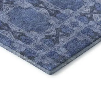 8' Denim Blue And Ivory Floral Medallion Washable Round Rug With UV Protection