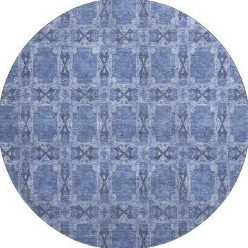 8' Denim Blue And Ivory Floral Medallion Washable Round Rug With UV Protection