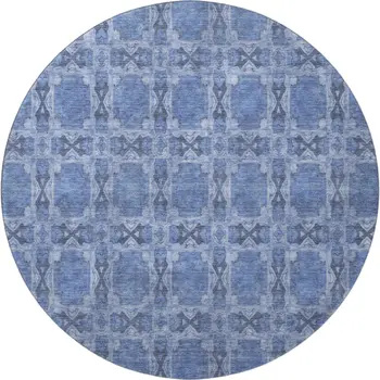 8' Denim Blue And Ivory Floral Medallion Washable Round Rug With UV Protection
