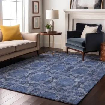 8' X 10' Denim Blue And Ivory Floral Medallion Washable Area Rug With UV Protection