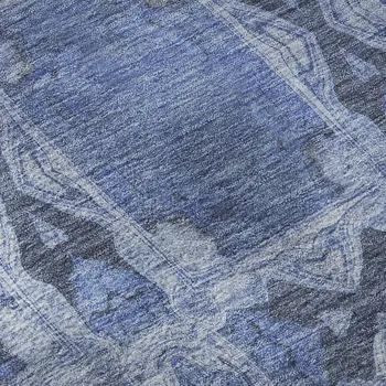 8' X 10' Denim Blue And Ivory Floral Medallion Washable Area Rug With UV Protection
