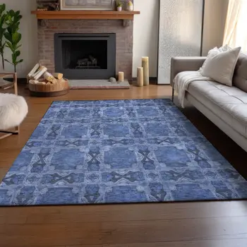 8' X 10' Denim Blue And Ivory Floral Medallion Washable Area Rug With UV Protection