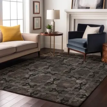 5' X 8' Gray And Charcoal Floral Medallion Washable Area Rug With UV Protection