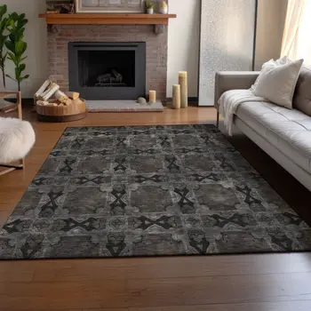5' X 8' Gray And Charcoal Floral Medallion Washable Area Rug With UV Protection