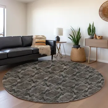 8' Gray And Charcoal Floral Medallion Washable Round Rug With UV Protection