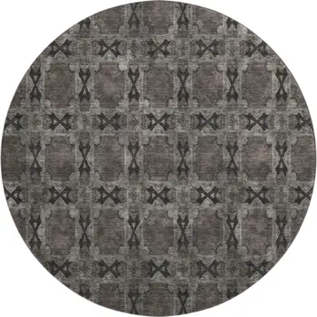 8' Gray And Charcoal Floral Medallion Washable Round Rug With UV Protection