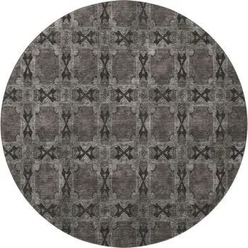 8' Gray And Charcoal Floral Medallion Washable Round Rug With UV Protection