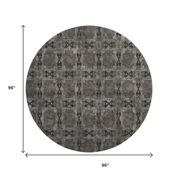 8' Gray And Charcoal Floral Medallion Washable Round Rug With UV Protection